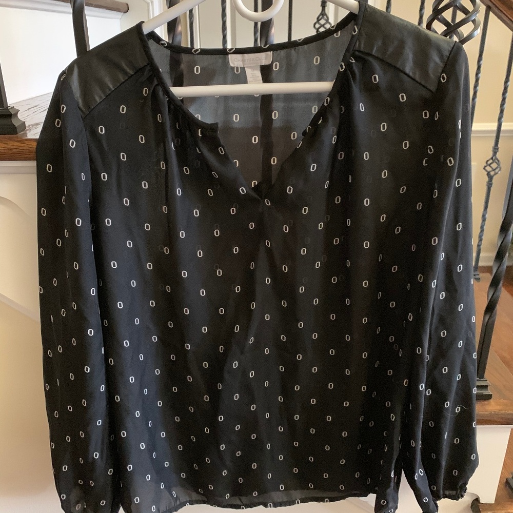 Black Patterned Blouse w/ Leather Shoulder Details